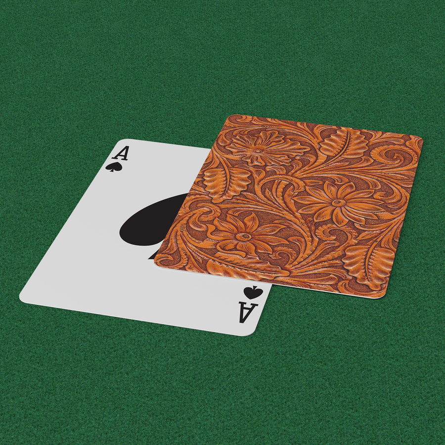 Brown Carved Leather Flowers Print Playing Cards