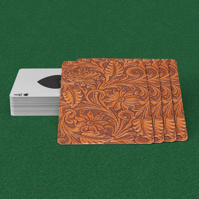 Brown Carved Leather Flowers Print Playing Cards - Yellowstone Style